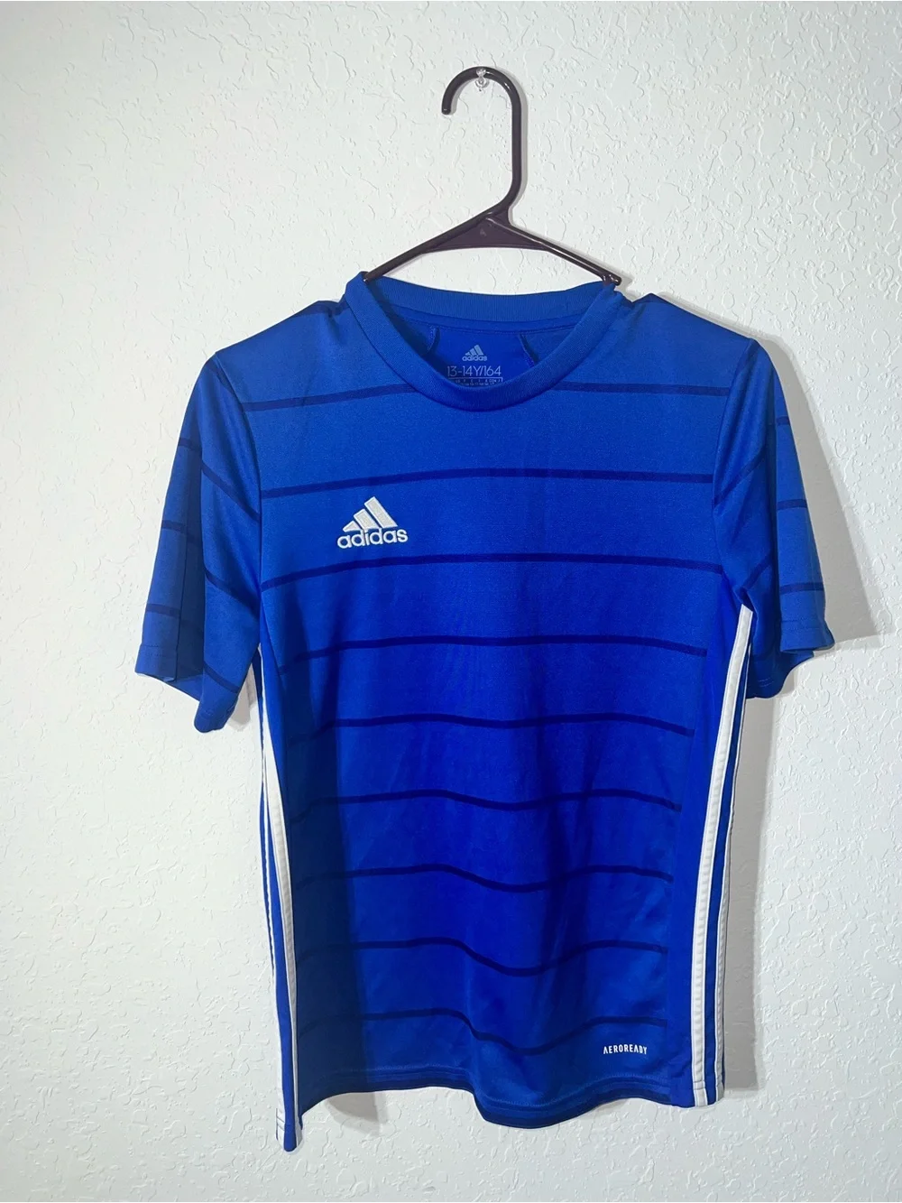 adidas Blue Short Sleeve Athletic Tee with White Stripes